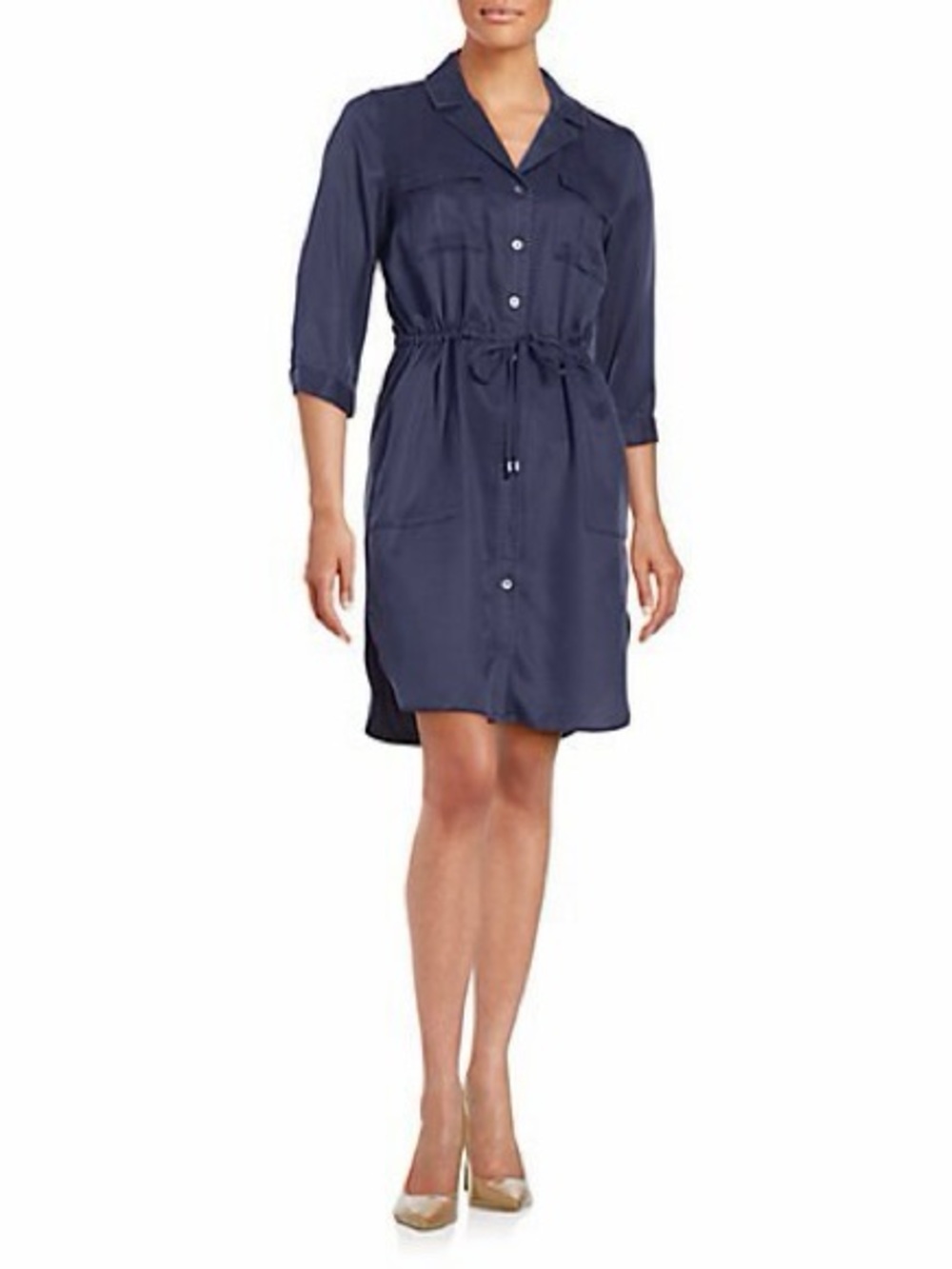 French Connection Blue Button-Front Drawstring Shirt Dress